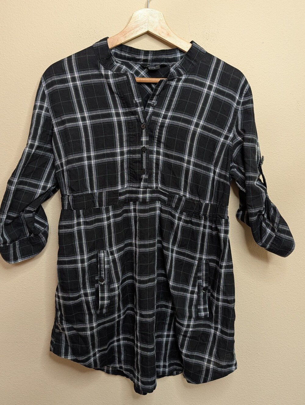 Paper Tee Black & Gray Plaid Tunic Top Size XL Roll Tab Sleeve with Pockets